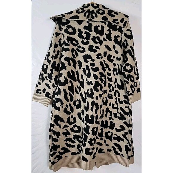 Nina Leonard Cardigan Duster Sweater L Black Tan Leopard Print Soft Oversized - Picture 5 of 11